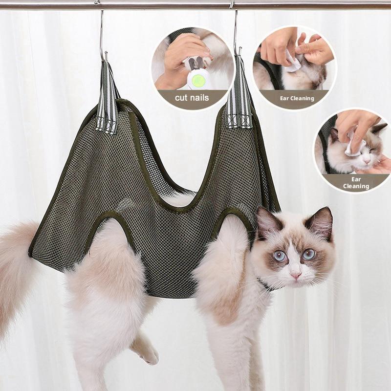 Pet Grooming Hammock Sling Restraint - ペット用グルーミングハンモックハーネス。小型犬用のハンモック、補助具、固定用バッグ。猫のグルーミング用スリング。耳や目のケア、爪の手入れに。