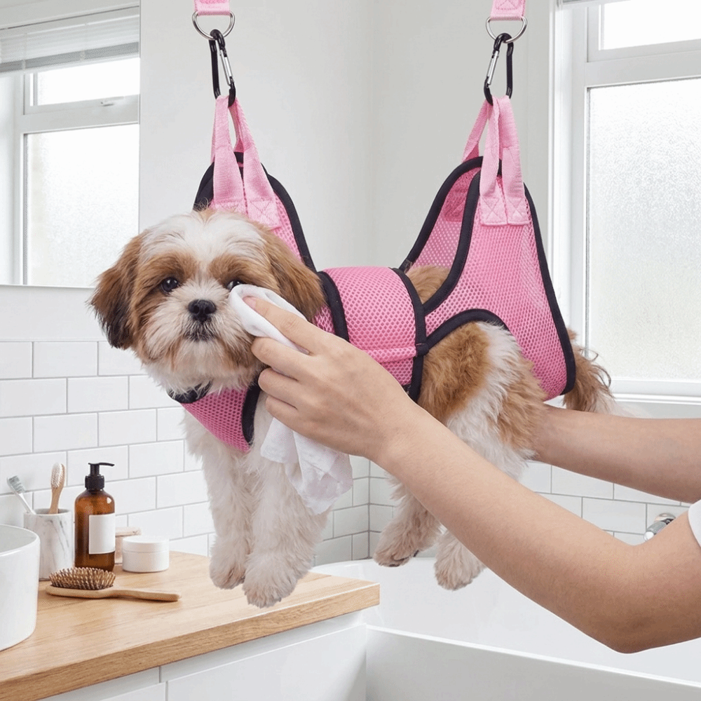 Pet Grooming Hammock Sling Restraint - 調整可能な犬用グルーミングハンモック。メッシュ素材で猫も安心して使える吊り下げ式。噛みつき防止機能付きで、安全ベルトで固定。犬や猫の美容施術に最適。