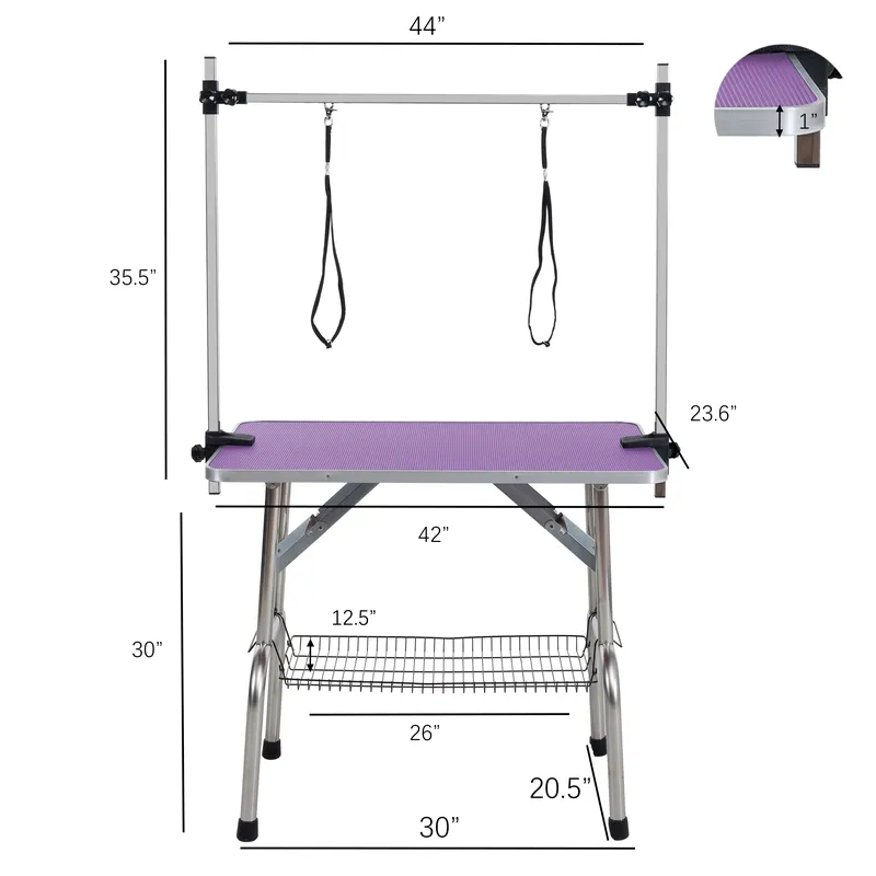 Folding Pet Grooming Table Arm Clamp - 42インチ折りたたみ式ペットグルーミングテーブル、ステンレススチールフレーム、ゴムマット付き、調整可能なアームとクランプ付き