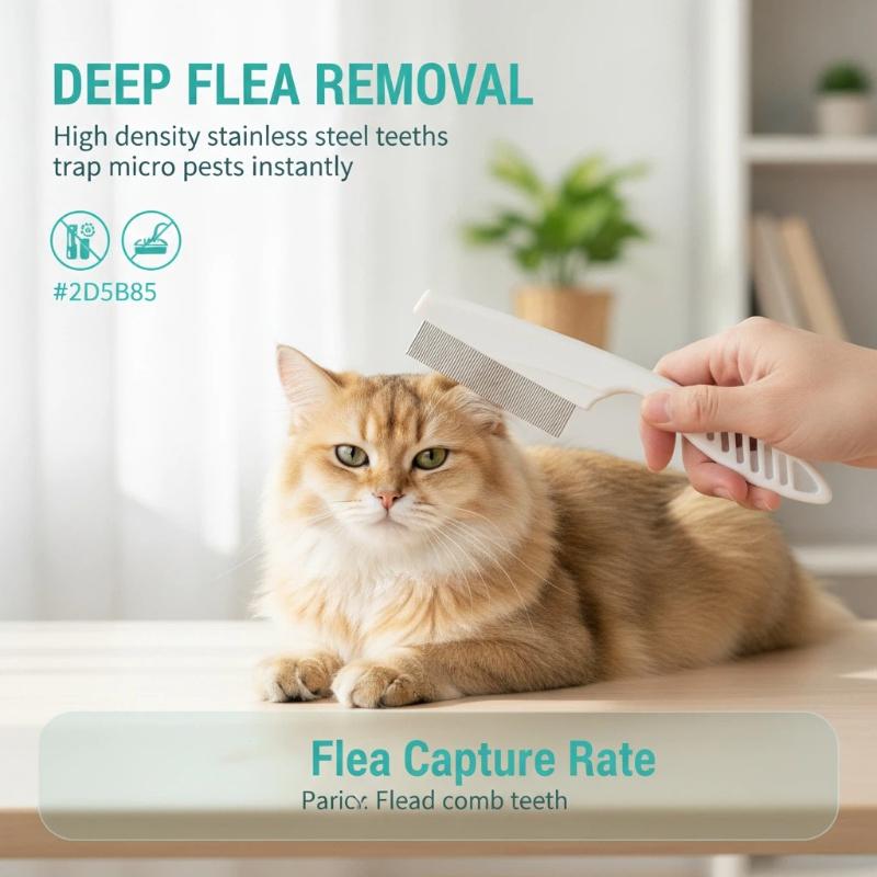 Flea Comb Fine Tooth Pet Tear Stain - ペット用、涙やけ除去、ノミ取り、犬や猫の目の周りや顔の毛の汚れを落とすための、細かい歯のステンレス製グルーミングコーム。