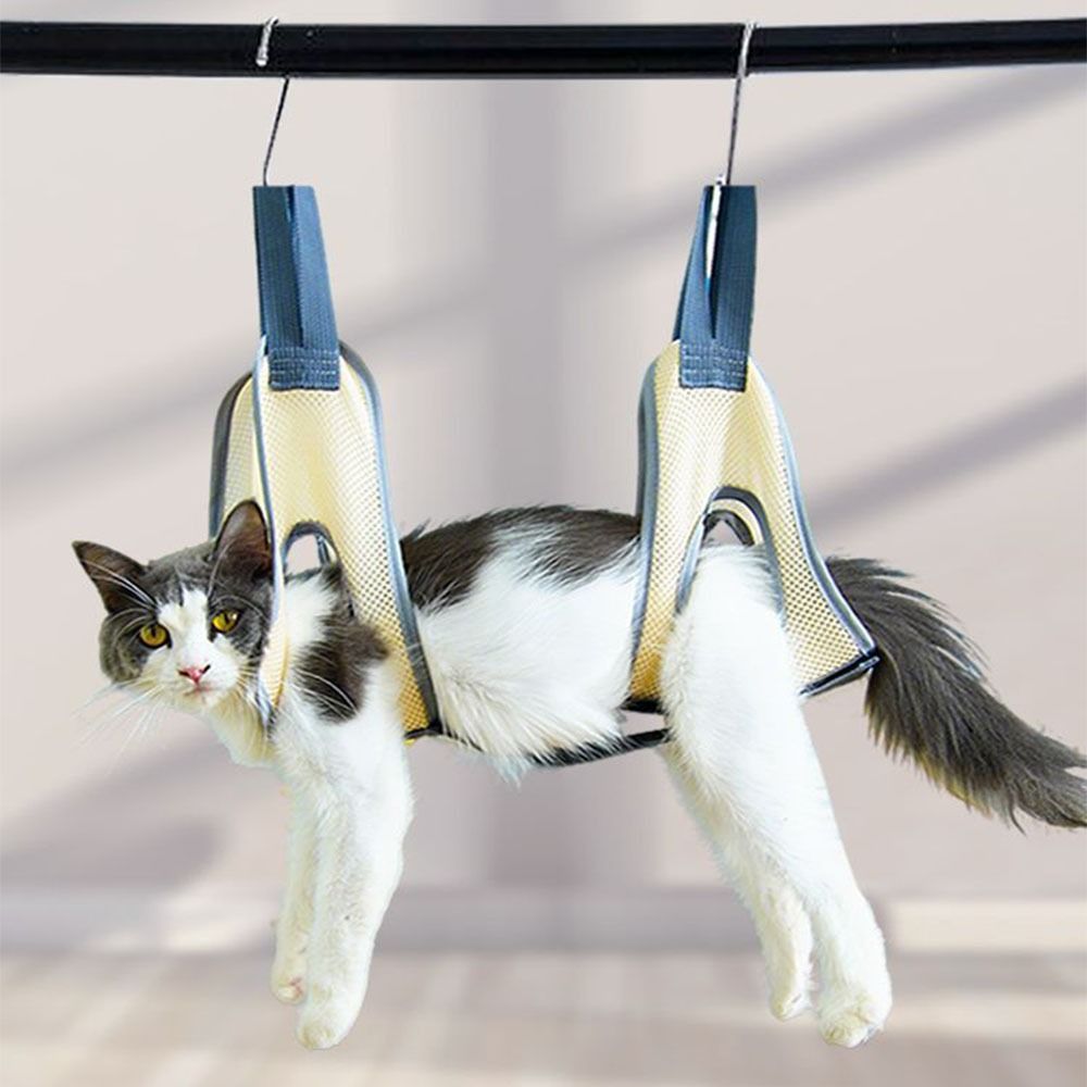 Pet Grooming Hammock Sling Restraint - 猫用ハンモック型グルーミングケージ。フック付きで、噛みつき防止機能があり、犬のグルーミングにも使用可能。軽量で、ペットが引っかくのを防ぎ、安全に休ませることができる。