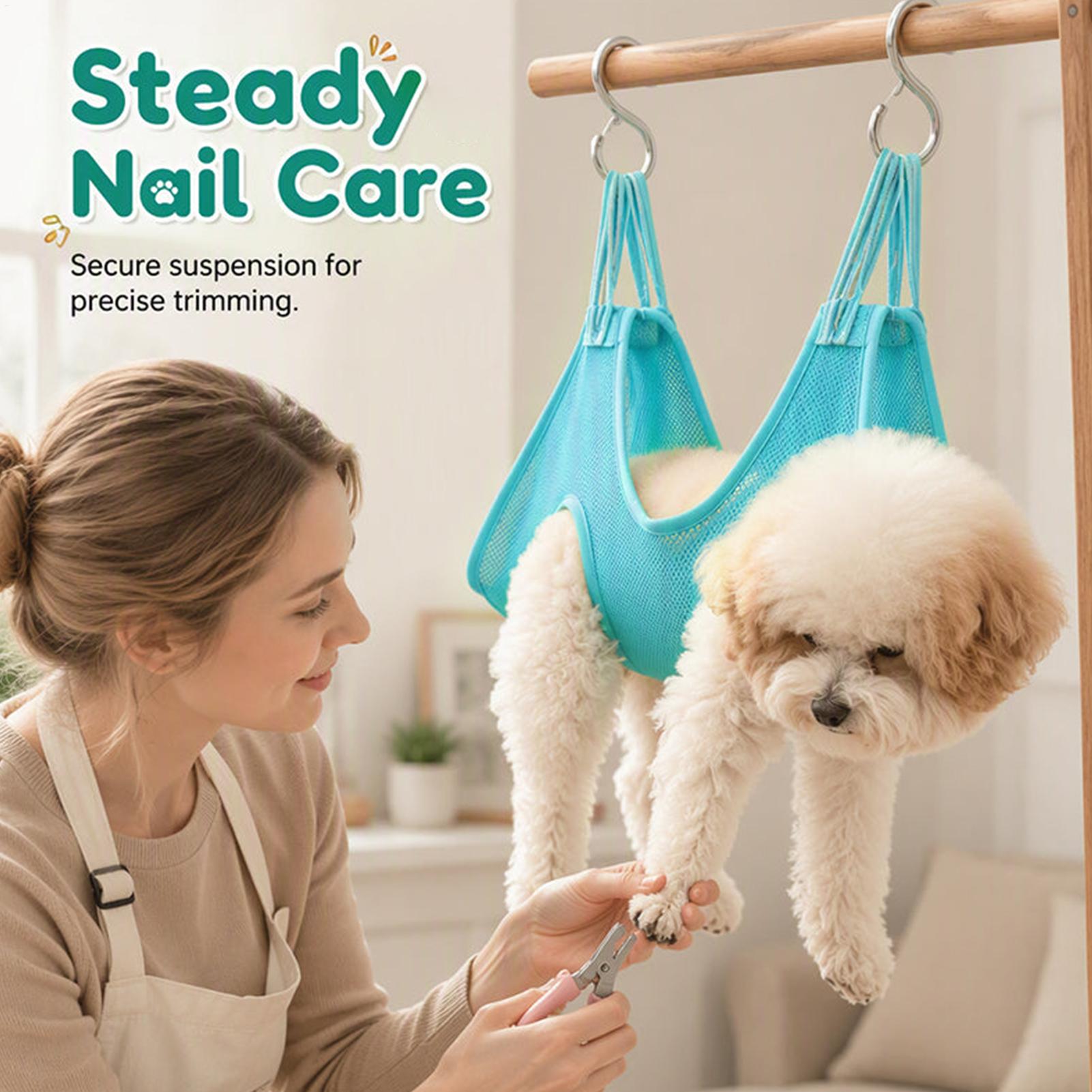 Pet Grooming Hammock Sling Restraint - 犬猫用グルーミングハンモック、丈夫なメッシュ素材の固定ハーネス、滑り止め加工、脱げ防止スリング。お風呂や耳、歯のケアに。ペット用品店で販売。