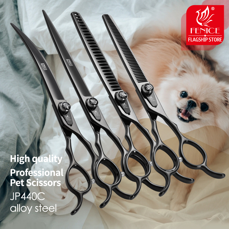 Professional Pet Grooming Scissors Curved - フェニーチェ JP440C スチール製プロ用黒色犬用理髪はさみストレートシンナー湾曲チャンカーペットグルーミングクリッパー剪定ばさみ