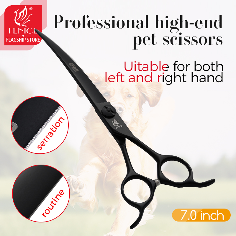 Professional Pet Grooming Scissors Curved - フェニーチェプロフェッショナル7インチカーブカット鋸歯状刃付きペット用ハサミ、犬用グルーミングシザー、マカス、ティヘラス
