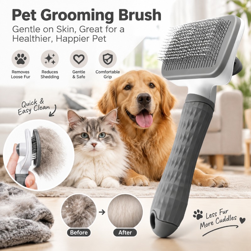 Slicker Brush Self Cleaning Pet Grooming - セルフクリーニング機能付きペット用グルーミングブラシ。ワンボタンで簡単に抜け毛を除去でき、犬や猫の抜け毛ケアに最適なスリッカーコーム。