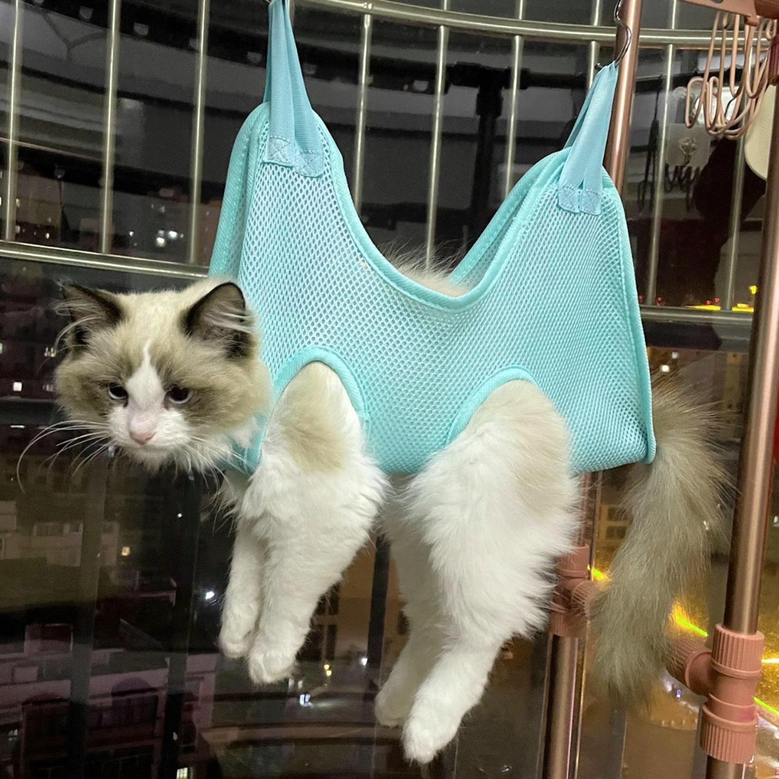 Pet Grooming Hammock Sling Restraint - 犬や猫用のペット用グルーミングハンモック。逃げ出しがないメッシュ素材の固定用スリング。滑り止め付きで、お風呂、爪の手入れ、耳や歯の清掃に最適。