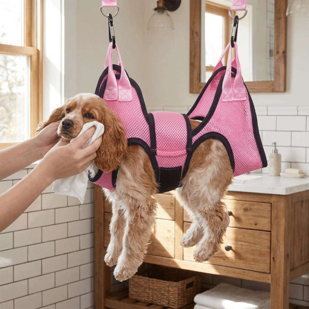 調整可能な犬用グルーミングハンモック。メッシュ素材で猫も安心 - Pet Grooming Hammock Sling Restraint のレビューと価格